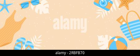 Horizontales Sommer-Banner mit Rahmen für Strandartikel auf Sandhintergrund und Kopierbereich. Vektordarstellung in flacher Form Stock Vektor