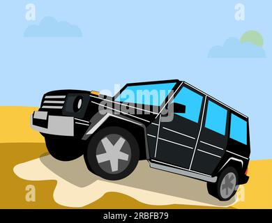 Schwarzer SUV, Berge und Wüste. Für Ihr Design, Vektordarstellung. Stock Vektor