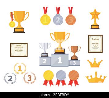 Goldene Pokale für Gewinner und andere Sporttrophäe. Goldene Prämie und Goldtrophäe für die Meisterschaft. Vektordarstellung Stock Vektor