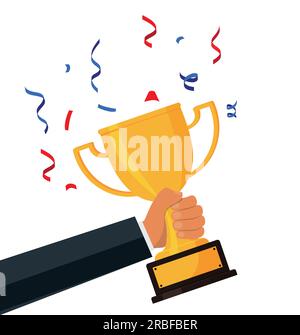 Symbol für die Trophäe des Gewinners, die Hand hält. Der goldene Trophäenvektor ist ein Symbol für den Sieg bei einem Sportevent. Stock Vektor