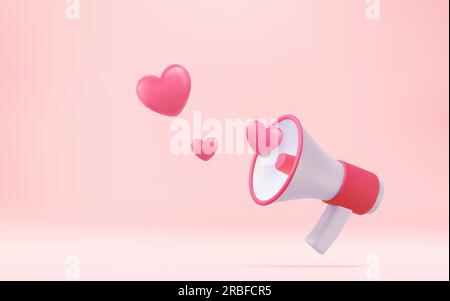 3D Megafon, Lautsprecher mit Herzen Stock Vektor