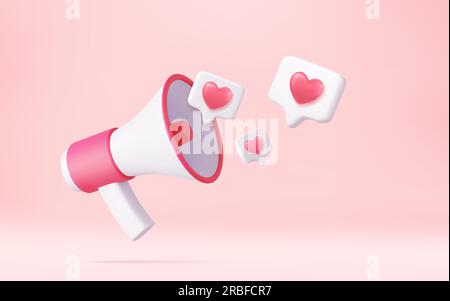 3D Megafon, Lautsprecher mit Herzen Stock Vektor