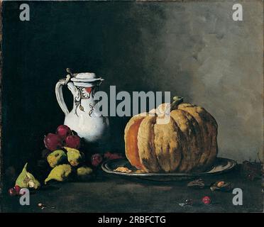 Still Life mit Kürbis, Pflaumen, Kirschen, Feigen und Krug 1860 von Theodule Ribot Stockfoto