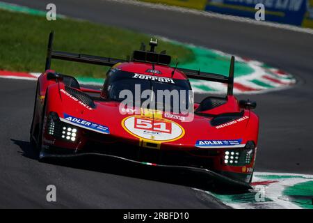 Monza, Italien. 09. Juli 2023. Die Nr. 51 FERRARI AF CORSE (ITA), Ferrari 499P, Alessandro Pier Guidi (ITA), James Calado (GBR), Antonio Giovinazzi (ITA) während der FIA WEC – 6 Stunden Monza – World Endurance Championship in Autodromo di Monza am 9. Juli 2023 in Monza, Italien. Kredit: Luca Rossini/E-Mage/Alamy Live News Stockfoto