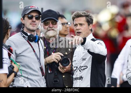 KOSINSKI Josef (USA), Filmregisseur des Films F1 von Apple Studios/Bruckheimer Films, Portrait PITT Brad (USA), Schauspieler, der Sonny Hayes spielte, Fahrer des fiktiven Apex APXGP-Teams im Film F1 von Apple Studios/Bruckheimer Films, Porträt während des Formel 1 Aramco British Grand Prix 2023, 10. Runde der Formel-1-Weltmeisterschaft 2023 vom 7. Bis 9. Juli 2023 auf dem Silverstone Circuit in Silverstone, Großbritannien Stockfoto