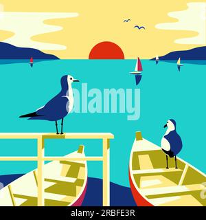 Segelboote und Möwen auf dem Pier, Vektor Meereslandschaft Stock Vektor