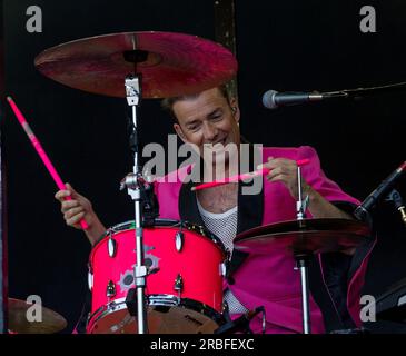 Knilsinge, Schweden, 9. Juli 2023 D.A.D tritt beim Time to Rock Festival in Knislinge, Schweden Laust Sonne auf - Schlagzeug, unterstützende Gesang, Vibraphone, Tastaturen, Gitarre, Saxophon, Xylophon und Bassgitarre. Kredit: Peo Mšller/Alamy Live News Stockfoto