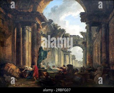 Imaginärer Blick auf die große Galerie des Louvre in den Ruinen von 1796 von Hubert Robert Stockfoto