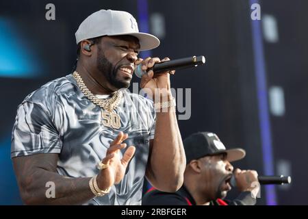 London, Großbritannien. 9. Juli 2023. 50 Cent tritt auf der Hauptbühne beim Wireless Festival in Finsbury Park, London auf. Kredit: Katie Collins/EMPICS/Alamy Live News Stockfoto