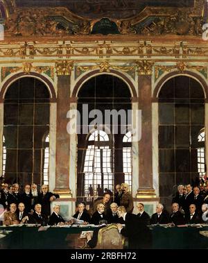 Die Unterzeichnung des Friedens im Spiegelsaal, Versailles, 28. Juni 1919. William Orpen. 1919. Stockfoto