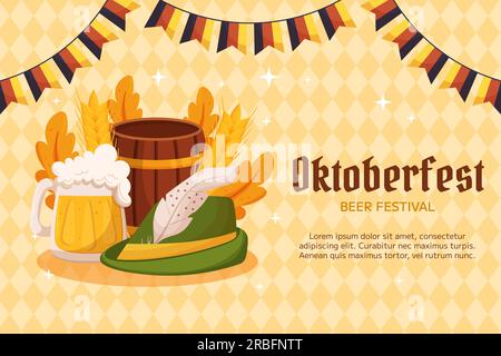 Oktoberfest Deutsches Bierfestival im Hintergrund. Design mit Tiroler Mütze, Bierbecher mit Schaumstoff, Holzfass, Deutschland-Farben festliche Girlande mit Flaggen, Weizen und Blättern. Hellgelbes Rhombus-Muster Stock Vektor