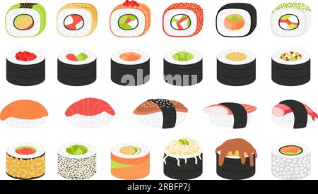 Sushi-Essen. Fisch und Meeresfrüchte im japanischen Stil, Brötchen und asiatische Gerichte. Isolierte traditionelle Rohstoffe, Lachs und Reis. Das Restaurant hat anständige Vektorelemente Stock Vektor