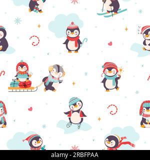 Baby-Pinguine, nahtloses Muster. Weihnachtspinguin, Weihnachten Arktische Tiere süßes Stoffmuster. Kinder Weihnachten Geschenkverpackung heutzutage Vektorstruktur Stock Vektor