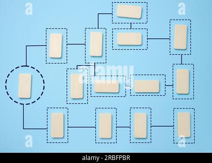 Schaltplan auf blauem Hintergrund. Automatisieren Sie Geschäftsprozesse und Workflows mithilfe von Ablaufdiagrammen. Verkürzung der Verarbeitungszeit Stockfoto