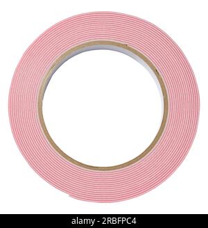 Rolle rotes doppelseitiges Klebeband auf weißem isoliertem Hintergrund, Reparatur- und Fehlerbehebungswerkzeug Stockfoto