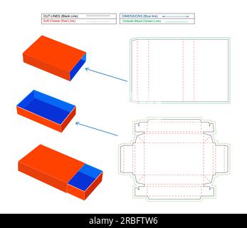 Kleine Seifenbox herausziehen, Streichholzbox, orangefarbene und blaue Streichholzschachtel, Matrizenschablone und 3D-Box, Farbe editierbar und wechselbar. Stock Vektor