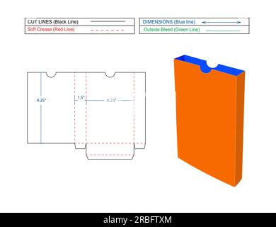 Seitlich geöffnete Bücherbox mit Haltekerbe 9 x 6 x 1,5 Zoll, Bücherumschlag, Matrizenschablone und 3D-Renderbox Stock Vektor