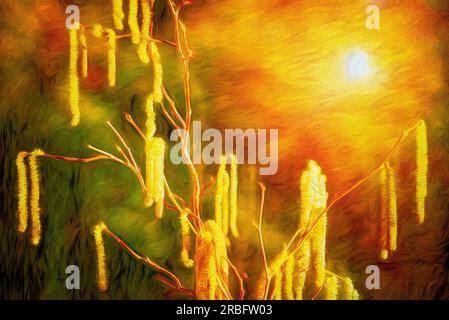 OSTERN THEMENDESIGN: Hazel Catkins (lat: Corylus avellana) oder Happy Easter Stockfoto