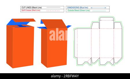 Box mit automatisch versenkbarem Boden und kundenspezifischer Box, Box mit automatisch versenkbarem Ende im Großhandel, 3D-Rendering und Matrizenschablone mit einstellbarer Größe Stock Vektor