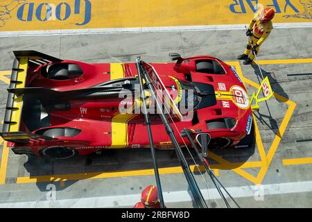 Monza, Italien. 08. Juli 2023. 07/08/2023, Autodromo Nazionale di Monza, Monza, WEC – 6 Stunden Monza, im Bild FERRARI AF CORSE, Ferrari 499P, Antonio Fuoco (ITA), Miguel Molina (ESP), Nicklas Nielsen (DNK). Kredit: dpa/Alamy Live News Stockfoto