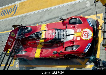 Monza, Italien. 08. Juli 2023. 07/08/2023, Autodromo Nazionale di Monza, Monza, WEC - 6 Stunden Monza, im Bild FERRARI AF CORSE, Ferrari 499P, Alessandro Pier Guidi (ITA), James Calado (GBR), Antonio Giovinazzi (ITA). Guthaben: dpa/Alamy Live News Stockfoto