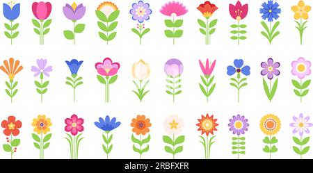 Dekorative isolierte Blumensymbole, Blütenblüten mit grünen Blättern. Gartenpiktogramm, farbige Blumensymbole. Zeitgenössischer Vektor-Clipart Stock Vektor