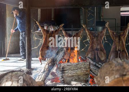 Mann, der das berühmte Fuegian Lamm mit einem Barbecue in einem Restaurant in Ushuaia, Argentinien, kocht Stockfoto