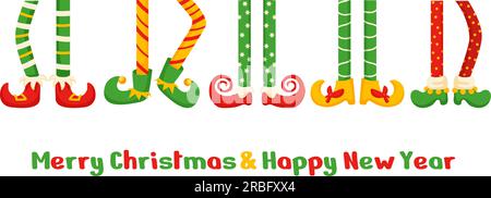 Weihnachtself-Fuß-Glückwunschbanner. Zwergbeine tanzen in gestreiften Socken und Hosen. Cartoon Weihnachten, heutzutage Vektorparty-Grafik Stock Vektor