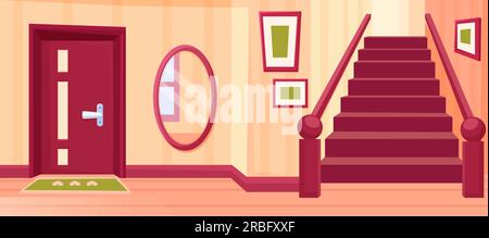 Cartoon House Flur, Heim Halle mit Treppe, Spiegel und Bilder an der Wand. Wohnungseingang, leerer Korridorbereich heutzutage Vektorbereich Stock Vektor