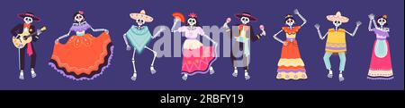 Tanzende Skelette Figuren, Skelette mexikanische Tänze. Mexikanischer lustiger Tag mit toten Tänzern, Cartoon-halloween-Schädel und Knochen-Reiz-Vektorset Stock Vektor
