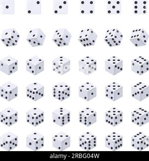 Isometrischer Würfelwürfel. Glückwürfel Zahlenkombinationen für Kartenspiel oder Backgammon, rollende fallende 3D Würfel geometrische Form mit Punkt, Spielkonzept-Set Vektordarstellung des Casino-Glücksspielwürfels Stock Vektor