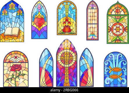 Buntglas aus der Kirche. Buntgläser Fenster mit gotischen Tempeln oder der europakathedrale, Fenster mit Bogenmosaiken und gekreuzten Rosen, religiöse Architektur, ordentliche Vektorgrafik Stock Vektor