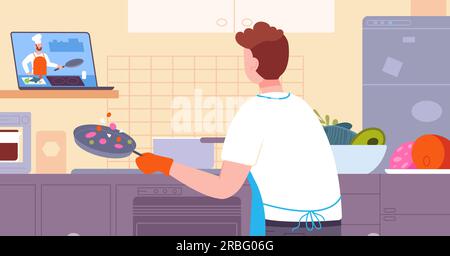 Kochen, Video lernen. Guy sieht Online-Rezepte Kochen lernen Ausbildung in der Küche zu Hause, Koch-Unterricht Kochen Ernährung kulinarisches Hobby Sehen Sie sich den Food-Blog an, Vektordarstellung des Kochens Online-Video Stock Vektor