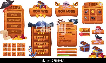 Piratenspiel-Schnittstelle. Piraten Holzrahmen mit Knopf für Gaming-Apps oder Casino Slot Games Store, hölzerne ui Adventure Elemente alte Piratensammlung Vektordarstellung der Frame Interface Button Stock Vektor