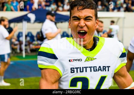 European League of Football, elf/Game : Paris Musketiere bei Stuttgart Surge am Juli. 09. 2023 , im Gazi-Stadion , Stuttgart , Deutschland DB # 24 Mitch Fettig / Stuttgart Surge Stockfoto