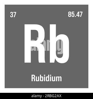 Rubidium, RB, Periodenelement mit Name, Symbol, Atomzahl und Gewicht. Alkalimetall mit verschiedenen industriellen Verwendungszwecken, z. B. in bestimmten Glasarten, und als Bestandteil bestimmter Feuerwerkskörper. Stock Vektor