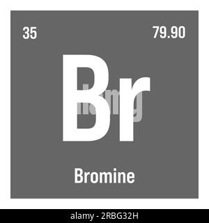 Brom, Br, Periodenelement mit Name, Symbol, Atomzahl und Gewicht. Halogen für verschiedene industrielle Anwendungen, z. B. in Flammschutzmitteln, Wasseraufbereitung und als Begasungsmittel in der Landwirtschaft. Stock Vektor