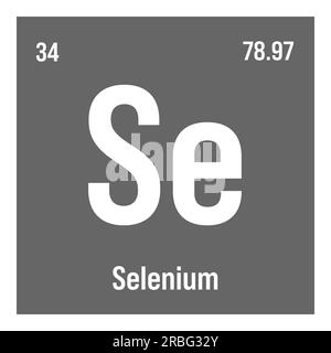 Selen, SE, Periodenelement mit Name, Symbol, Atomzahl und Gewicht. Nichtmetall mit verschiedenen industriellen Verwendungen, z. B. in bestimmten Glasarten, und als Bestandteil in bestimmten Medikamentenarten. Stock Vektor