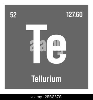 Tellur, Te, Periodenelement mit Name, Symbol, Atomzahl und Gewicht. Metalloid mit verschiedenen industriellen Verwendungen, z. B. in bestimmten Glasarten, Solarzellen und als Bestandteil in bestimmten Arten von Medikamenten. Stock Vektor