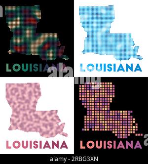 Karte von Louisiana. Sammlung von Karten von Louisiana im gepunkteten Stil. Die Grenzen des US-Bundesstaates sind mit Rechtecken für Ihre Konstruktion gefüllt. Vektorabbildung. Stock Vektor