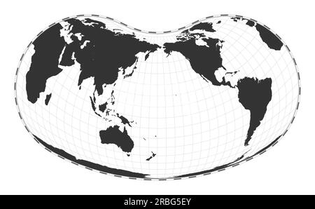 Vektor-Weltkarte. Hill euzyklische Projektion. Einfache geografische Weltkarte mit Breiten- und Längengraden. Zentriert auf 180 Grad Längengrad. Stock Vektor