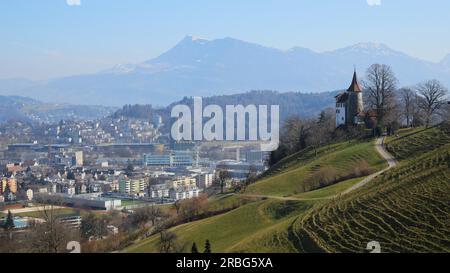 Blick von der Seilbahn zum Pilatus in Richtung Mount Rigi. Schloss Schauensee Stockfoto