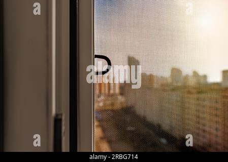 Fenster mit einem Moskitonetz Insekten und Wanzen zu verhindern, wie Fliegen, Mücken, Bienen oder Wespen in Stockfoto