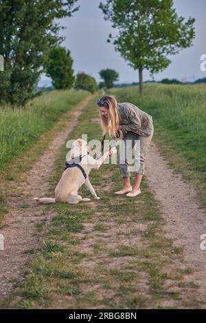 Liebevolle junge Frau eine Pfote von ihrem Hund angeboten als Sie kauert auf einem Feldweg in der Landschaft bei Ihren täglichen Spaziergang Stockfoto