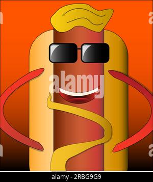 Darstellung des Hotdogs mit Ketchup und Senf-Cartoon-Vektorsymbol. Auf orangefarbenem Hintergrund isolierte Concept Icon flacher Cartoon-Stil Stock Vektor