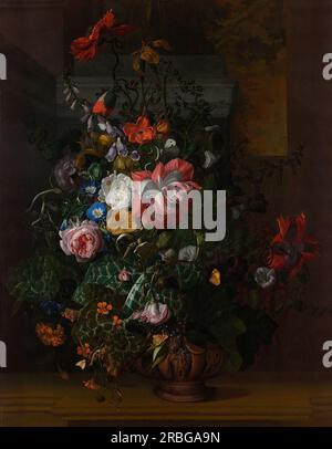 Blumen in einer Terrakotta-Vase auf einer Steinbalustrade 1688 von Rachel Ruysch Stockfoto