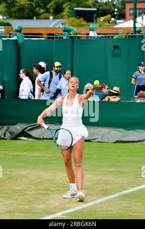 Bei den Wimbledon Championships 2023, die vom All England Tennis Club ausgerichtet werden, wurden Coco Gauff, Christopher Eubanks und Elina Svitolina vorgestellt. Stockfoto