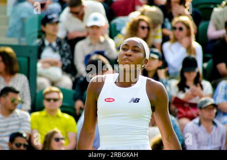 Bei den Wimbledon Championships 2023, die vom All England Tennis Club ausgerichtet werden, wurden Coco Gauff, Christopher Eubanks und Elina Svitolina vorgestellt. Stockfoto