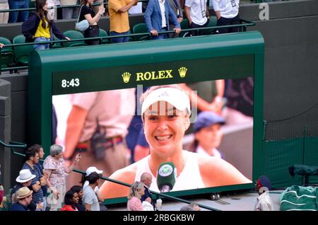 Bei den Wimbledon Championships 2023, die vom All England Tennis Club ausgerichtet werden, wurden Coco Gauff, Christopher Eubanks und Elina Svitolina vorgestellt. Stockfoto