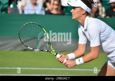 Bei den Wimbledon Championships 2023, die vom All England Tennis Club ausgerichtet werden, wurden Coco Gauff, Christopher Eubanks und Elina Svitolina vorgestellt. Stockfoto